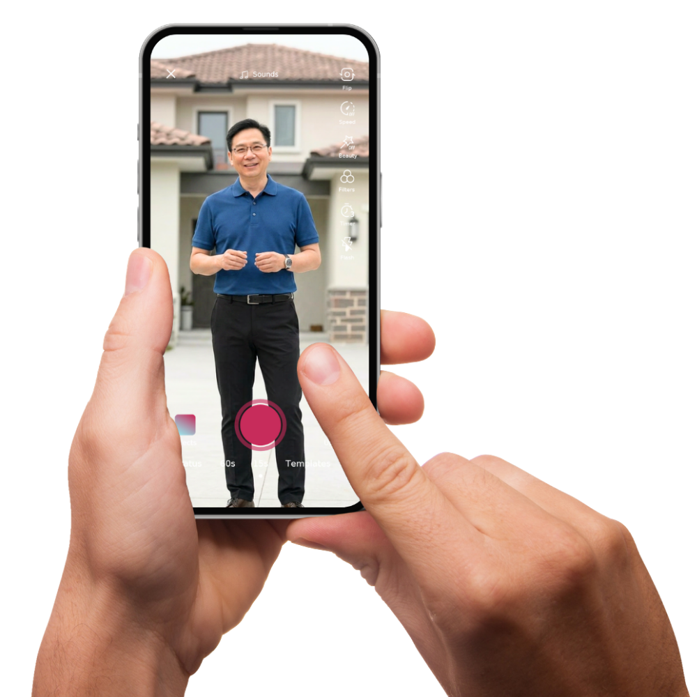 Hand holding a smartphone recording a presenter with CAMEL QuickBond at a project site